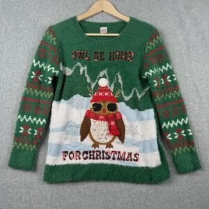 Holiday Time Sweater Girls Large 10-12 Plus Green Owl Ugly Christmas Cozy Sequin